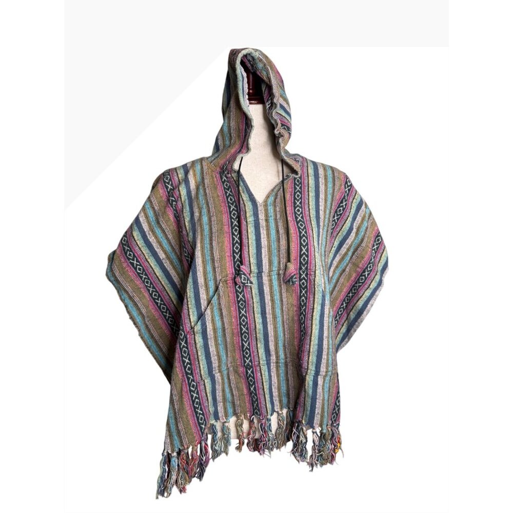 Earthbound Trading Cotton O/S Colorful Cotton Baja Poncho Hoodie Fringe Read
